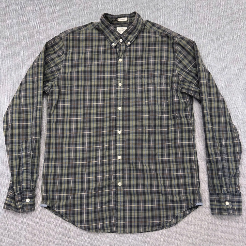 J.Crew Mens Classic Fit Plaid Button Down Shirt Olive Green 100% Cotton Size M
